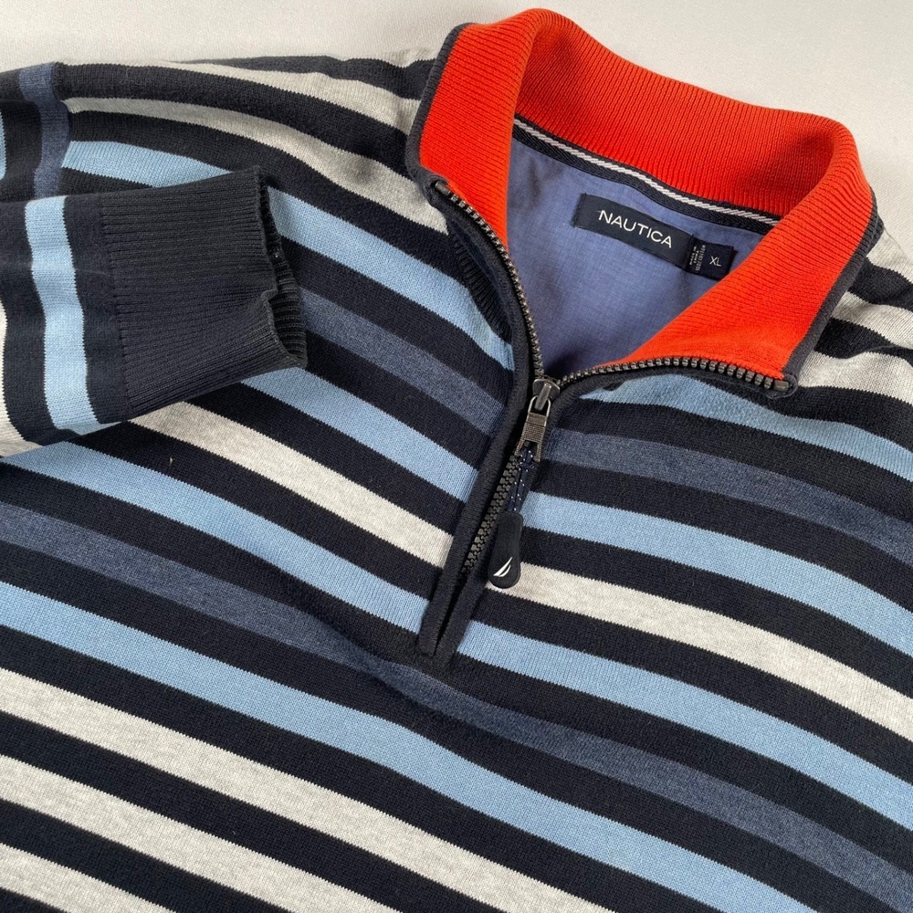 Nautica Men Striped Blue Gray Quarter Zip Sweater Pullover Orange Collar XL Flaw
